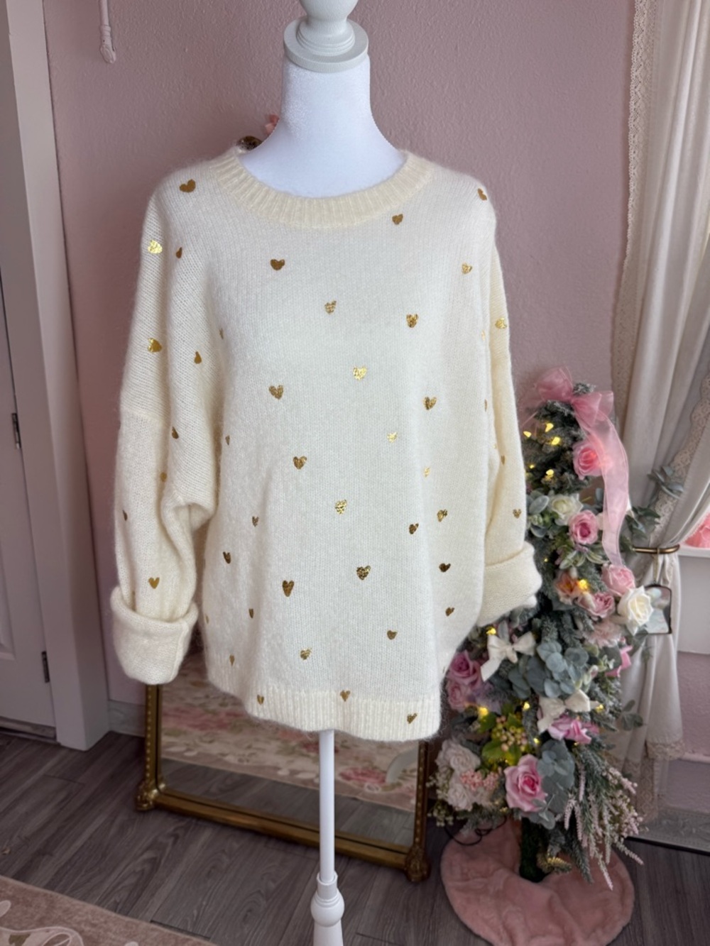 Sezane Ivory Crewneck Sweater with Gold Heart Accents
